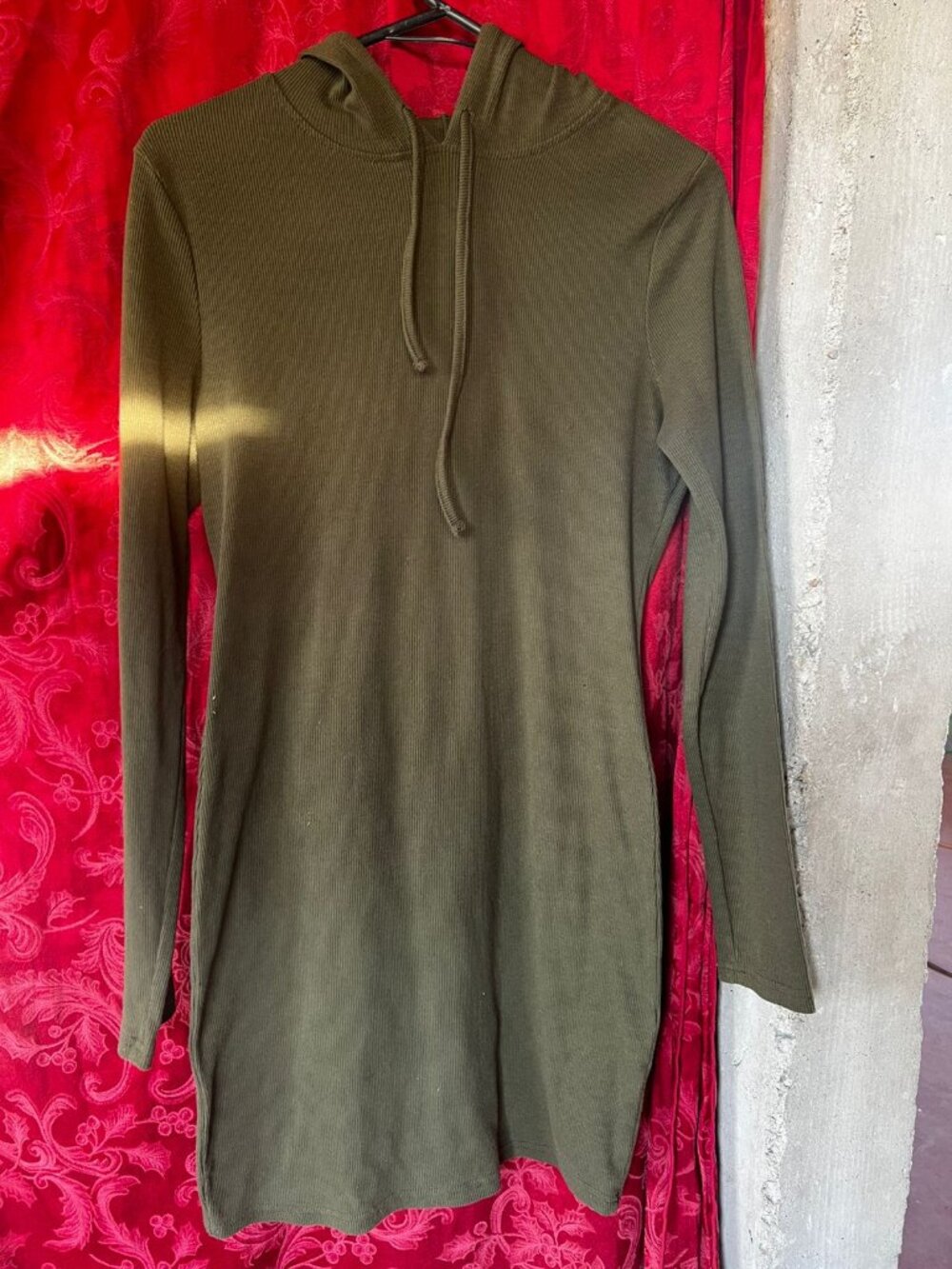 SHEIN Olive Green Ribbed Long Sleeve Hoodie Mini Dress Size L